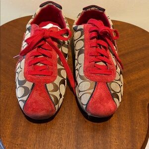Coach  Devin  tennis shoes  lace up signature monogram brown tan/red accents GUC